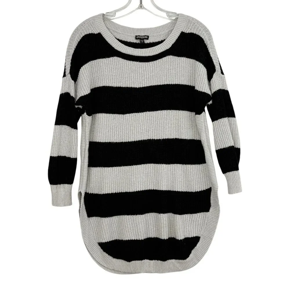 Express S Petite Black Gray Knit Sweater Dress Tunic 3/4 Sleeve High Low Hem